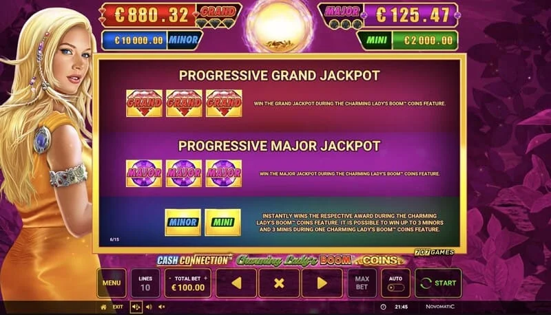 Cash Connection - Charming Lady's Boom Coins - Jackpot-taulukko: Mini, Minor, Major ja Grand